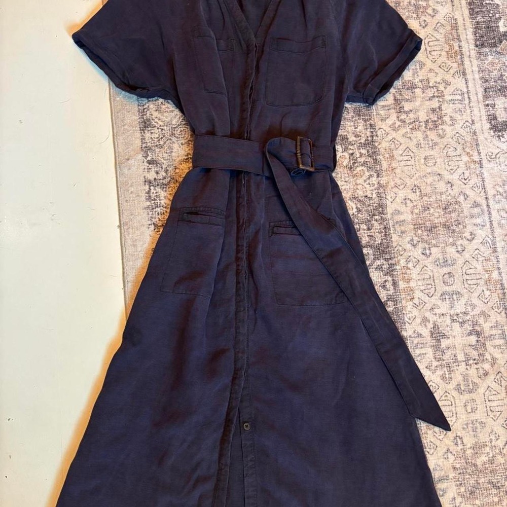 Lucky Brand Navy Blue Linen Blend Utility Belted Midi Shirt Dress Small